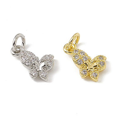Dijes de mariposa de zirconia cúbica transparente con micro pavé de latón, con anillos de salto abiertos