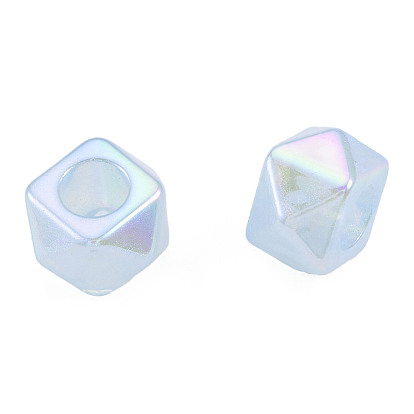 Electroplate Acrylic European Beads, Large Hole Beads, Pearlized, Faceted Cube
