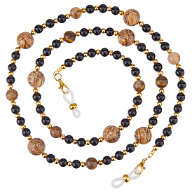 Круглые цепочки для очков из натуральной яшмы и тигрового глаза, с застежками-карабинами из сплава и резиновыми петлями на концах