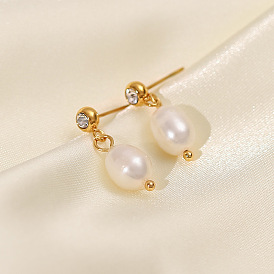 Vintage French Pearl Hoop Earrings, 18K Gold Plated Stainless Steel Studs for Women