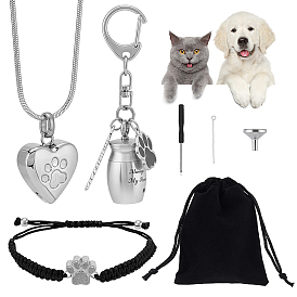DIY Urn Ashes Making Sets, Stainless Steel Paw Print Haert Pendant Urn Ashes Necklaces, Alloy Pet Cremation Urns Keychains, Paw Print Stainless Steel Bead Link Bracelets, Velvet Bag