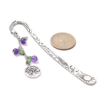 Mixed Natural Dyed White Jade/Dyed Malaysia Jade/Lemon Jade Beaded Bookmarks with Leaf & Tree of Life, Sun Pattern Tibetan Style Alloy Hook Bookmark