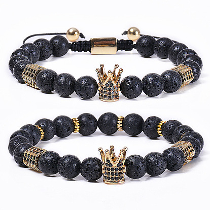 Black Lava Stone Crown Bracelet with Natural Stones and Adjustable Weave
