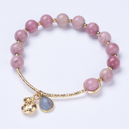 Браслеты из натурального родохрозита, с латунной фурнитурой и лабрадоритой, сумка и слеза, золотые