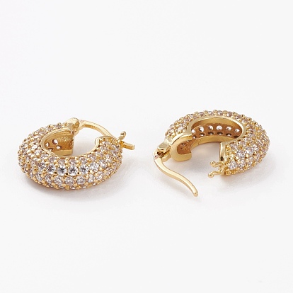 Brass Micro Pave Clear Cubic Zirconia Hoop Earrings, Long-Lasting Plated, Crescent Moon