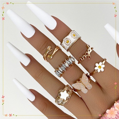 7 шт. кольца из сплава, акрила и эмали со стразами, золотые, цветок/бабочка/звезда