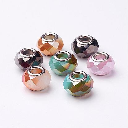 Electroplate Faceted Glass European Beads, Large Hole Beads, with Silver Color Plated Brass Cores, 14x9.5mm, Hole: 5mm