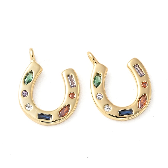Brass Micro Pave Colorful Cubic Zirconia Charms, Horseshoe, Cadmium Free & Lead Free, Long-Lasting Plated, Rack Plating