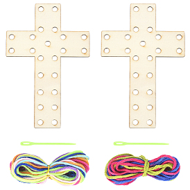 Пасхальный незаконченный деревянный крест, с полиэфирным шнуром, нити и пластиковая игла