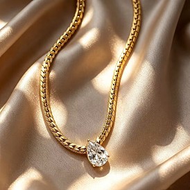 304 Stainless Steel Pave Clear Cubic Zirconia Teardrop Pendant Necklaces for Women, with Flat Snake Chains