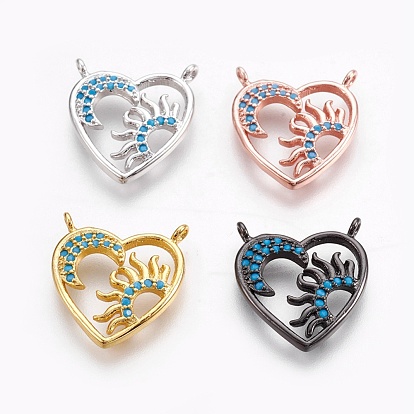 Brass Micro Pave Cubic Zirconia Pendants, Lead Free & Cadmium Free & Nickel Free
, Long-Lasting Plated, Heart with Sun & Moon