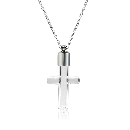 Transparent  Glass Pendants, with Stainless Steel Chain, Cross
