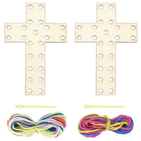 Пасхальный незаконченный деревянный крест, с полиэфирным шнуром, нити и пластиковая игла