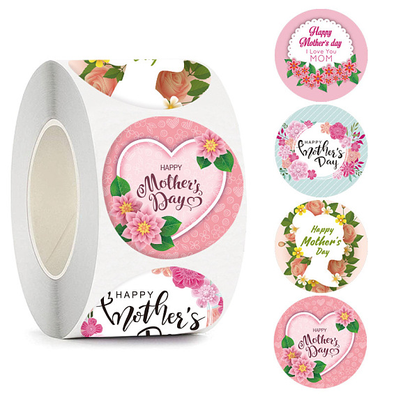 Бумажные самоклеящиеся праздничные наклейки в круглую точку на День матери в рулонах, цветочные подарочные наклейки