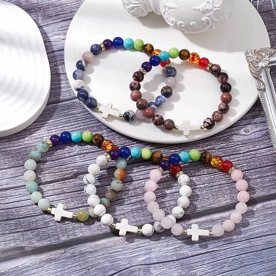 Браслеты с круглыми бусинами и смешанными драгоценными камнями в стиле charka для женщин и мужчин, с имитацией янтаря из смолы и латунными бусинами-разделителями из стразов и гальванизированной немагнитной синтетической бусиной из гематита, крестик