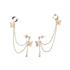 Brass Butterfly with Hanging Chain Dangle Stud Earrings, 304 Stainless Steel Long Drop Earrings with Ear Cuffs for Women