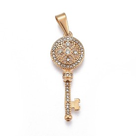 304 Stainless Steel Pendants, with Rhinestone, Key