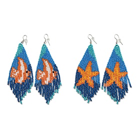 Boho Summper Beach Seed Bead Starfish/Dolphin Tassel Earrings, Iron Dangle Earring for Women, Colorful