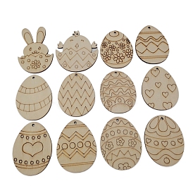 Unfinished Wooden Easter Egg Cutout Pendant Ornaments, with Hemp Rope, for DIY Painting Ornament Easter Home Decoration, Heart/Wave/Polka Dot/Flower/Rabbit/Chick/Triangle/Rectangle Pattern