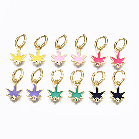 Brass Enamel Huggie Hoop Earrings, Nickel Free, Real 16K Gold Plated, Maple Leaf