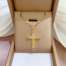 Titanium Steel Full Diamond Cross Micro-inlaid Real Gold Necklace Women's Transfer Beads Clavicle Chain Accessories