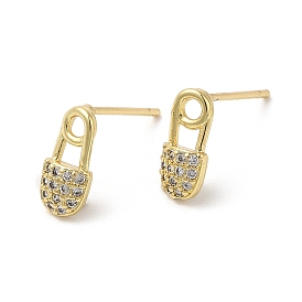 Rack Plating Brass Safety Pin Stud Earrings with Cubic Zirconia, Lead Free & Cadmium Free