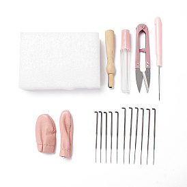 DIY Needle Felting Tools Set, with Iron Needles, Foam Chassis, Wooden Needle Handles & Scissor, Awl, Leather Figerstalls, Plastic Needle Storage Tube