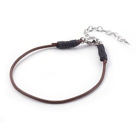 Cowhide Leather Cord Bracelets, with Waxed Cotton Cord, 304 Stainless Steel Lobster Claw Clasps and Heart Link Chain