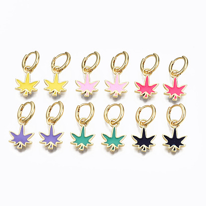 Brass Enamel Huggie Hoop Earrings, Nickel Free, Real 16K Gold Plated, Maple Leaf