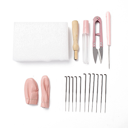 DIY Needle Felting Tools Set, with Iron Needles, Foam Chassis, Wooden Needle Handles & Scissor, Awl, Leather Figerstalls, Plastic Needle Storage Tube