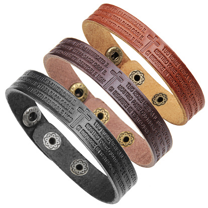 Leather Cord Bracelets, with Alloy Snap Clasps, Adjustable, Prayer Cross, Antique Bronze