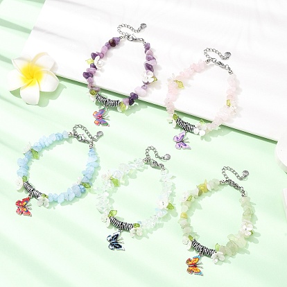 5Pcs Printed Alloy Butterfly Charm Bracelets, Natural & Synthetic Mixed Genstome Chip Beads & Non-magnetic Synthetic Hematite Beaded Bracelets Sets for Women