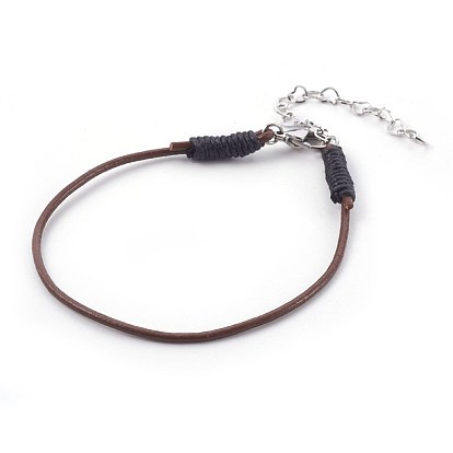 Cowhide Leather Cord Bracelets, with Waxed Cotton Cord, 304 Stainless Steel Lobster Claw Clasps and Heart Link Chain
