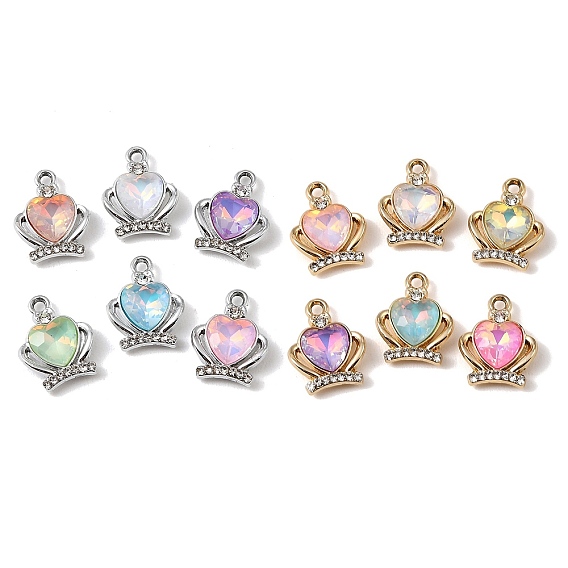 Colgantes de vidrio de aleación de chapado uv, dije de cuervo en forma de corazón con diamantes de imitación, facetados, color mezclado