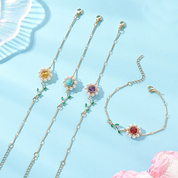 4Pcs 4 Styles Brass Micro Pave Cubic Zirconia & Shell Pearl Beads & Natural & Synthetic Mixed Gemstone Beaded Link Bracelets, Brass Bar Link Bracelets for Women, Flower & Leaf