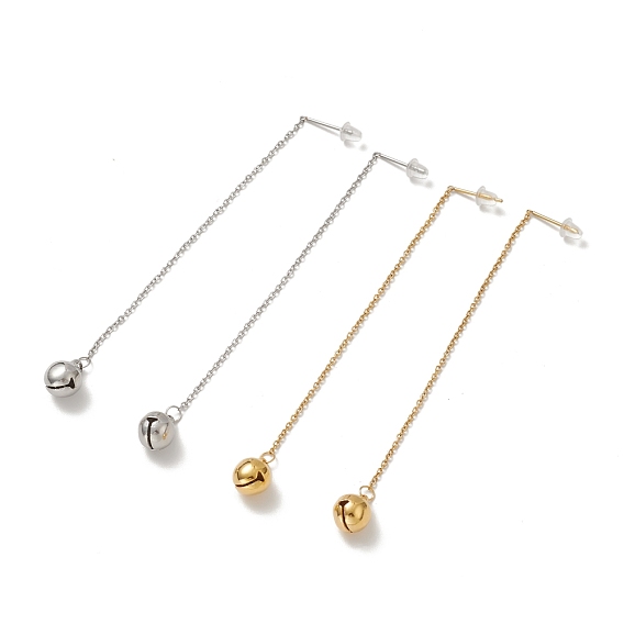304 Stainless Steel Long Chain with Small Bell Dangle Stud Earrings for Women