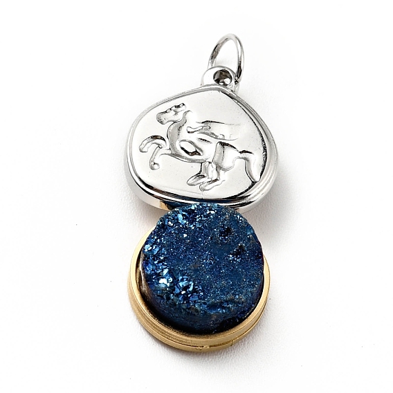 Natural Druzy Agaet Pendants, Teardrop with Horse Charm, with Ion Plating(IP) 304 Stainless Steel Findings, Golden & Stainless Steel Color