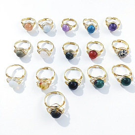 Кольца для пальцев из натуральных драгоценных камней, обернутых проволокой, латунные регулируемые кольца, золотые