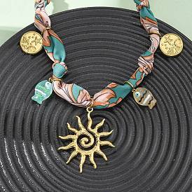 304 Женские шарфы-ожерелья из полиэстера с подвеской в виде солнца и рыбы из нержавеющей стали и смолы, бирюзового цвета