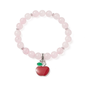 Natural Rose Quartz Beaded Stretch Bracelets, Alloy Enamel Apple Pendant Bracelet for Women, Teacher's Day Theme
