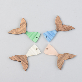 Opaque Resin & Walnut Wood Pendants, Mermaid Fishtail Shape
