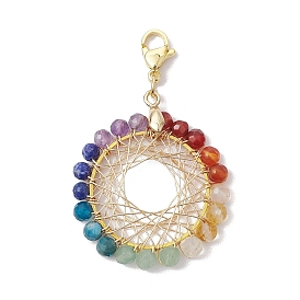 Copper Wire Wrapped 7 Chakra Natural Gemstone Ring Pendant Decorations, 304 Stainless Steel Lobster Claw Clasps Charms for Bag Ornaments