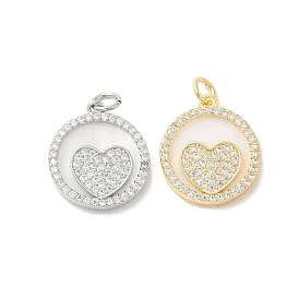 Brass Micro Pave Clear Cubic Zirconia Pendants, with Shell & Jump Ring, Flat Round with Heart