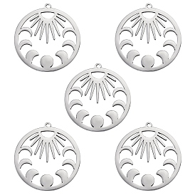 5Pcs 201 Stainless Steel Pendants, Laser Cut, Moon Phase Charms
