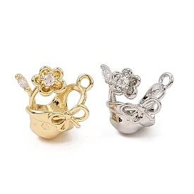 Brass Micro Pave Clear Cubic Zirconia Charms, Flower Basket with Bowknot Charms