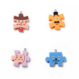 Opaque Resin Pendants, with Platinum Tone Iron Loops, Puzzle Charm with Face pattern