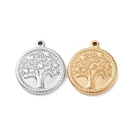 304 Stainless Steel Pendants,  Flat Round with Tree of Life Pattern Charms