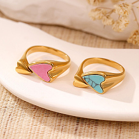 Synthetic Turquoise Heart Open Cuff Ring, Real 18K Gold Plated Titanium Steel Ring
