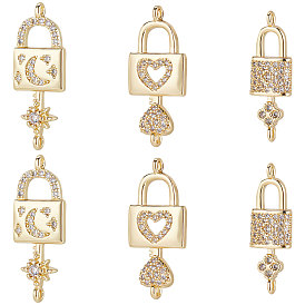 6шт 3 стили латунь микро паве прозрачный кубический цирконий подвески-соединители, долговечный, замок с ключом, луной и звездой