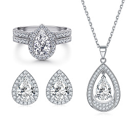 Fashionable European and American Jewelry Set - Silver Ring, Teardrop-shaped CZ Necklace, Stud Earrings for Women (3 Pieces)